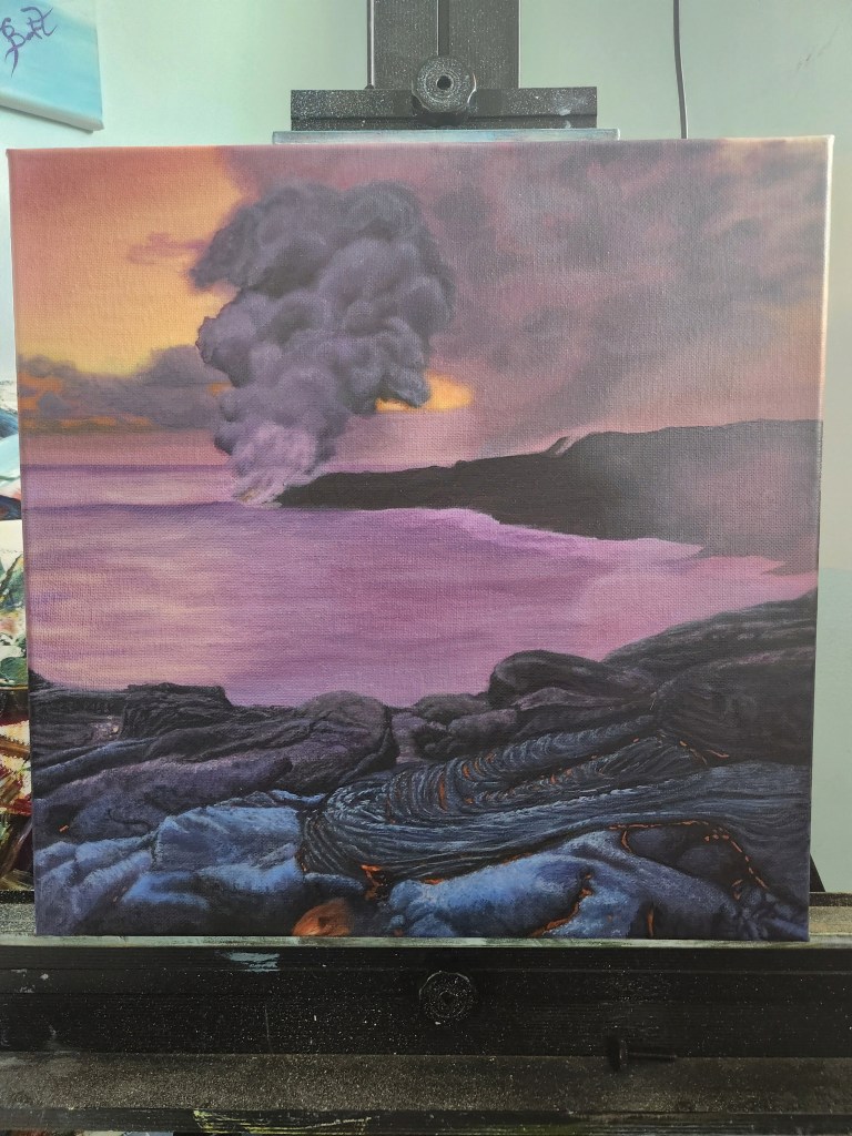 An oil painting on an easel of a cooled black lava field at sunset, soft yellow/pink in the sky, casting a purple hue over the water. A plumb of dark purple smoke billows in the background.
