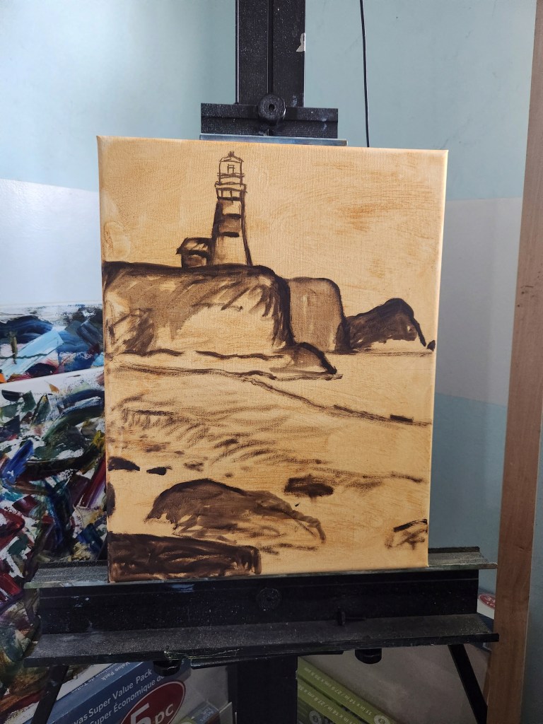 A canvas on an easel with a tan background with dark brown outline image of a lighthouse on a cliff with a wave in front crashing on rocks.